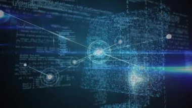 Bağlantı ağının animasyonu, veri işleme ve 3D bilgisayar modeli üzerinde mavi ışık noktası. Küresel ağ ve iş arayüzü teknolojisi kavramı