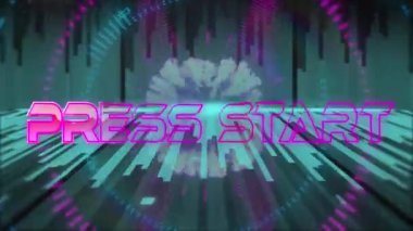 Basının animasyonu, neon şekiller ve siyah arkaplan üzerindeki ışık izleri üzerine metin afişini başlatır. Video oyunu arayüzü teknolojisi kavramı