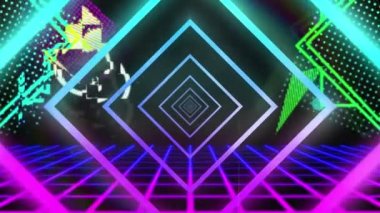 Neon tünelin metaevren arka planında hareket edişinin animasyonu. Video oyunu, eğlence ve iletişim konsepti dijital olarak oluşturuldu.