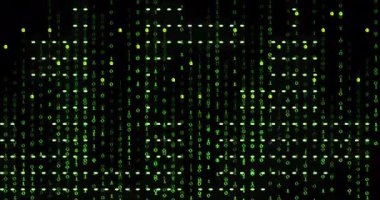 İkili kodlama ve veri işleme animasyonu. Küresel ağlar, dijital arayüz, veri işleme ve bağlantılar konsepti dijital olarak oluşturuldu.