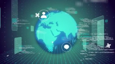 Simgeli ve veri işlemeli kürenin animasyonu. Küresel ağlar, dijital arayüz, veri işleme ve bağlantılar konsepti dijital olarak oluşturuldu.