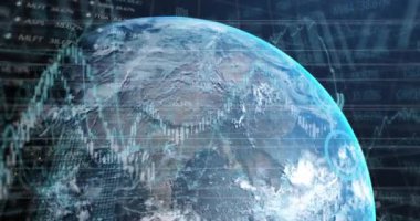 Animation of financial data processing over globe. Global business, finances, computing and data processing concept digitally generated video.