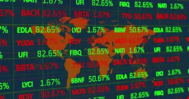 Animation of financial data processing over world map. Global business, finances, computing and data processing concept digitally generated video.