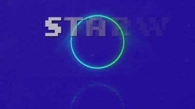 Başlangıç metninin neon halkalar ve mor arkaplan üzerine animasyonu. Video oyunu, eğlence ve iletişim konsepti dijital olarak oluşturuldu.