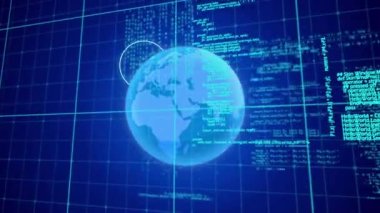 Simgeli ve veri işlemeli kürenin animasyonu. Küresel ağlar, dijital arayüz, veri işleme ve bağlantılar konsepti dijital olarak oluşturuldu.