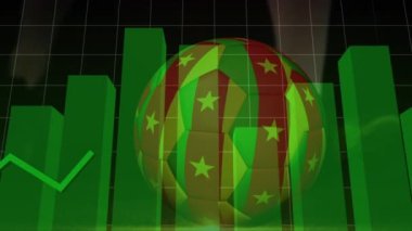 Veri işleme ve futbolcunun tekmelenmesi üzerine fotoğraf makinesi bayrağıyla futbol animasyonu. Küresel spor ve dijital arayüz kavramı dijital olarak oluşturulmuş video.