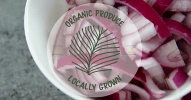 Gri yüzeyde bir kase doğranmış soğan üzerine yerel olarak yetişmiş organik ürünlerin animasyonu. Vegan, organik ve sağlıklı gıda konsepti
