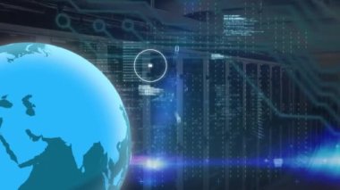 Simgeli ve veri işlemeli kürenin animasyonu. Küresel ağlar, dijital arayüz, veri işleme ve bağlantılar konsepti dijital olarak oluşturuldu.