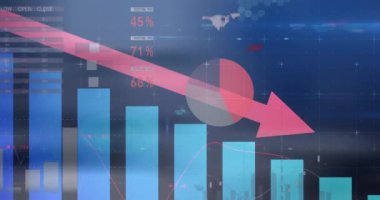 Mavi arka planda istatistiksel veri işleme animasyonu. Bilgisayar arayüzü ve iş veri teknolojisi kavramı