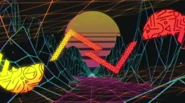 Siyah arkaplana karşı şebeke ağı üzerinden soyut şekillerin ve meta-evren yapıların animasyonu. İş teknolojisi kavramı