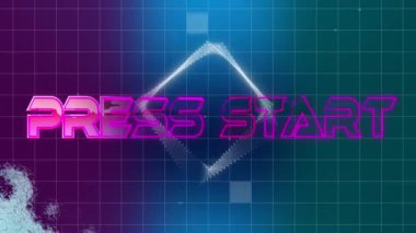 Mor arkaplandaki ızgara ağına karşı başlat metni pankartıyla donma efekti animasyonu. Video oyunu arayüzü teknolojisi kavramı