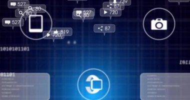 Simgelerin ve veri işlemenin animasyonu. Küresel ağlar, dijital arayüz, hesaplama ve veri işleme kavramı dijital olarak oluşturuldu.