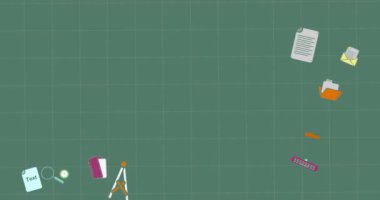 Okul animasyonu ve yeşil arkaplanda öğrenme simgeleri. Bilim, öğrenme ve veri işleme kavramı dijital olarak oluşturulmuş video.