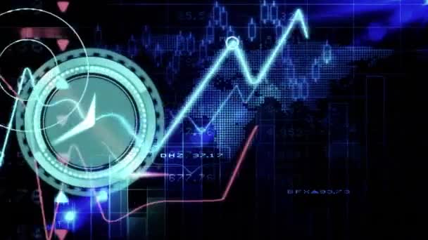 在世界地图上的统计和股票市场数据处理上的霓虹灯定时器动画 全球经济和商业技术概念 — 图库视频影像