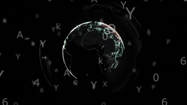 Animation Jordklotet Med Ikoner Och Databehandling Globala Nätverk Digitalt Gränssnitt — Stockvideo