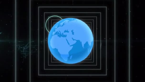 Animatie Van Wereldbol Met Pictogrammen Gegevensverwerking Mondiale Netwerken Digitale Interface — Stockvideo