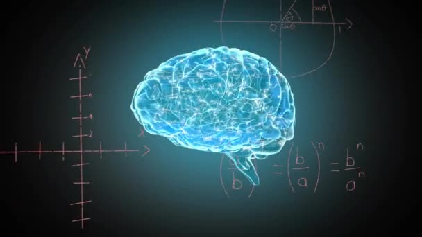 Animace Digitálního Lidského Mozku Přes Matematické Rovnice Diagram Abstraktním Pozadí — Stock video