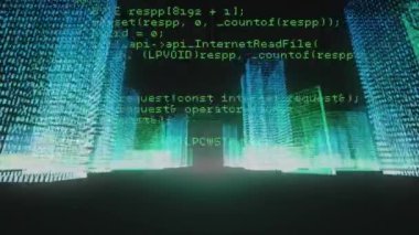 Parlayan 3d şehir modeli üzerindeki veri işleme animasyonunun siyah arkaplanda kusursuz bir desen oluşturulması. Bilgisayar arayüzü ve iş teknolojisi kavramı