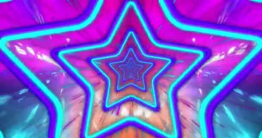 Mavi ve mor neon yıldızların ışık yollarında kusursuz bir döngü içinde hareket etmelerinin animasyonu. Soyut, renkli ve hareketli dijital video konsepti.