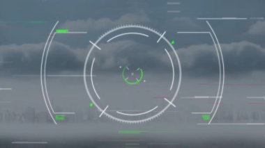 Kapsam taraması ve şehir manzarasına müdahale animasyonu. Küresel iş ve dijital arayüz kavramı dijital olarak oluşturulmuş video.
