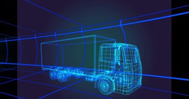 3D araba çizimi ve şebeke arkaplanı animasyonu. Küresel otomobil mühendisliği, ulaşım, bilgisayar ve veri işleme kavramı dijital olarak oluşturulmuş video.