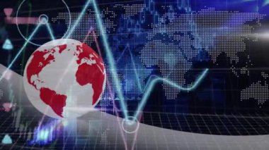 Dünya haritası ve dünya çapında finansal veri işleme animasyonu. Küresel iş, finans, hesaplama ve veri işleme kavramı dijital olarak oluşturulmuş video.