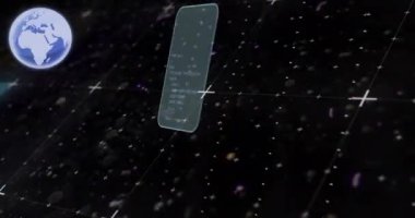 Simgeli ve veri işlemeli kürenin animasyonu. Küresel ağlar, dijital arayüz, veri işleme ve bağlantılar konsepti dijital olarak oluşturuldu.