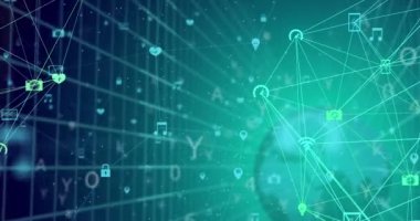 Simgeli ve veri işlemeli kürenin animasyonu. Küresel ağlar, dijital arayüz, veri işleme ve bağlantılar konsepti dijital olarak oluşturuldu.