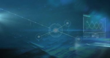 Mavi arka planda tıbbi veri işleme ile ekranlara karşı bağlantı ağının animasyonu. Küresel ağ ve iş teknolojisi kavramı