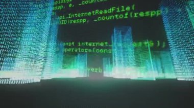 Parlayan 3d şehir modeli üzerindeki veri işleme animasyonunun siyah arkaplanda kusursuz bir desen oluşturulması. Bilgisayar arayüzü ve iş teknolojisi kavramı