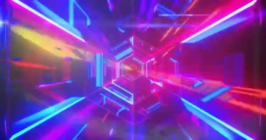 Neon şekilli tünellerin animasyonu ışık yollarının üzerinde kusursuz bir döngü içinde hareket ediyor. Soyut, renkli ve hareketli dijital video konsepti.