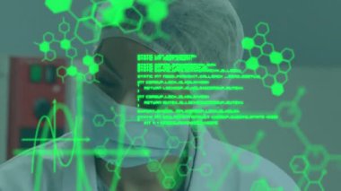 Laboratuvarda çalışan beyaz kadın bilim adamının tıbbi veri işleme çalışmalarının animasyonu. Tıbbi araştırma ve bilim teknolojisi kavramı