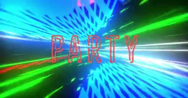 Çok renkli arka planda parti metninin canlandırması. Küresel sosyal medya, müzik, dijital arayüz ve bağlantılar konsepti dijital olarak oluşturulmuş video.