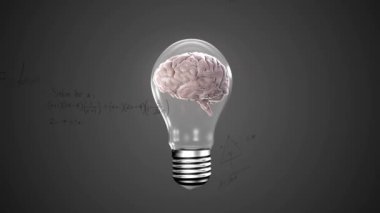 Soyut arkaplan üzerinde matematiksel denklemler ve diyagramlar üzerinde insan beyninin ampuldeki animasyonu. Dijital olarak üretilmiş, hologram, formüller, anatomi, fikirler, yapay zeka, teknoloji konsepti.