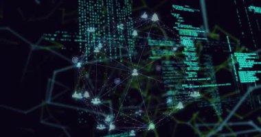 Siyah zemin üzerindeki pleksus ağları üzerinden veri işleme ve dijital simge ağı animasyonu. Küresel ağ ve iş teknolojisi kavramı