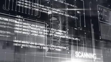 Ekranlarda veri işleme animasyonu. Küresel iş, finans, dijital arayüz ve dijital olarak oluşturulan veri işleme kavramı.