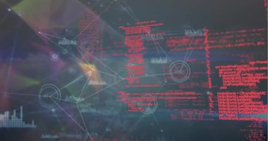 Animation of network of connections and data processing against grey background. Global networking and business technology concept