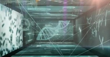 Tıbbi veri işleme ile ekranlara karşı bağlantı ağının ve ışık noktasının animasyonu. Küresel ağ ve tıbbi araştırma teknolojisi kavramı