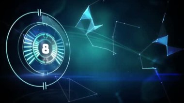 Yuvarlak tarayıcı üzerinde geri sayım animasyonu ve mavi arkaplana karşı plexus ağlarının küresi. Küresel ağ ve iş arayüzü teknolojisi kavramı