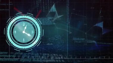 Veri işlemenin animasyonu ve şekillerin üzerindeki saat. Küresel iş ve dijital arayüz kavramı dijital olarak oluşturulmuş video.