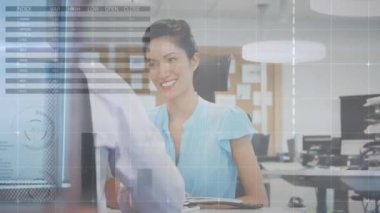 Animation of financial data processing over biracial businesswoman. Global business, finances, computing and data processing concept digitally generated video.