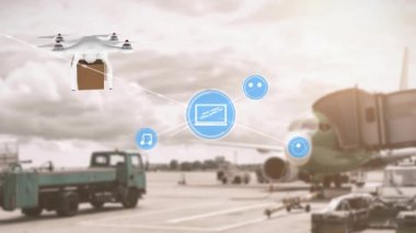 Havaalanında paket taşıyan uçan İHA 'lara karşı dijital simge ağının animasyonu. Küresel ağ ve lojistik iş teknolojisi kavramı