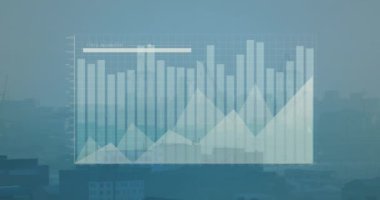 Şehir manzarasının havadan görüntüsüne karşı istatistiksel veri işleme animasyonu. Bilgisayar arayüzü ve iş veri teknolojisi kavramı