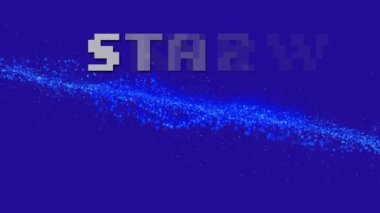 Mavi ağ ve mor arkaplan üzerinde başlangıç metninin canlandırması. Video oyunu, eğlence ve iletişim konsepti dijital olarak oluşturuldu.