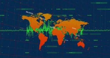 Animation of financial data processing over world map. Global business, finances, computing and data processing concept digitally generated video.