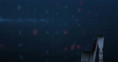 Ampullü robotik kol animasyonu ve ışık noktalarının üzerinde veri işleme. Küresel bilim ve dijital arayüz kavramı dijital olarak oluşturulmuş video.