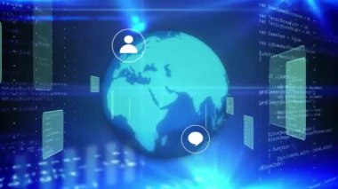 Simgeli ve veri işlemeli kürenin animasyonu. Küresel ağlar, dijital arayüz, veri işleme ve bağlantılar konsepti dijital olarak oluşturuldu.