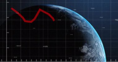 Dünya üzerindeki kırmızı çizgiyle finansal veri işleme animasyonu. Küresel iş, finans, hesaplama ve veri işleme kavramı dijital olarak oluşturulmuş video.