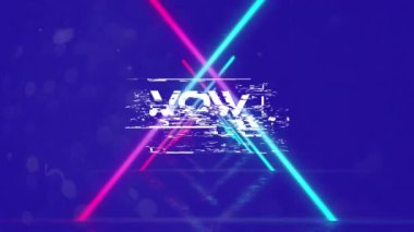 Neon çizgileri ve mor arkaplan üzerinde wow metin animasyonu. Video oyunu, eğlence ve iletişim konsepti dijital olarak oluşturuldu.
