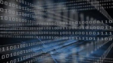 Mavi ekranlar üzerinde ikili kodlama veri işleme animasyonu. Dijital olarak oluşturulmuş küresel bilgisayar ve veri işleme kavramı.